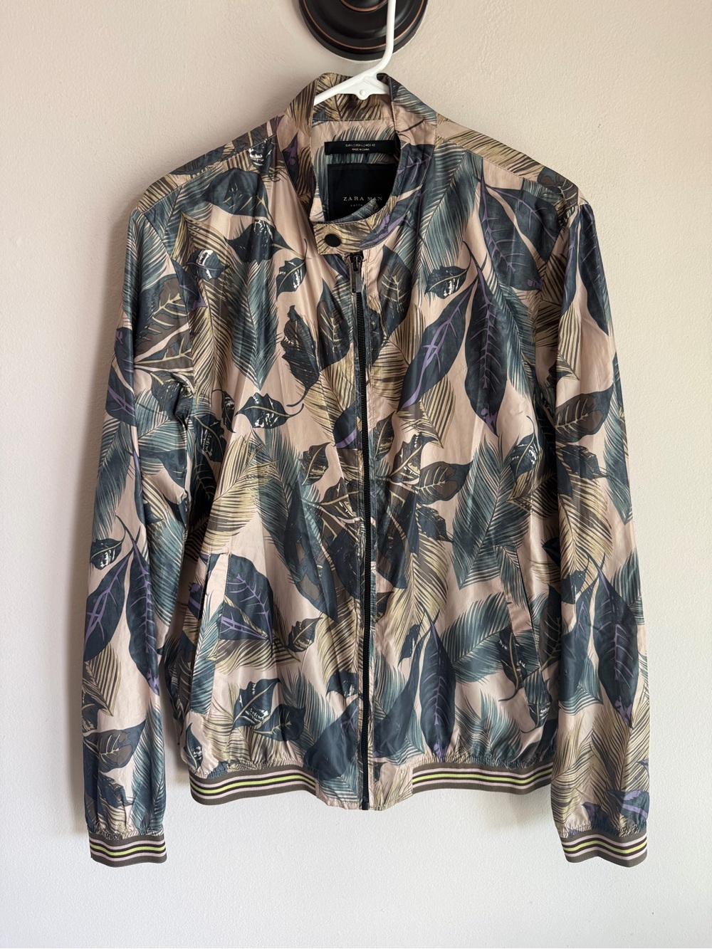 Zara Beige Bomber Jacket with Dark Green Leaf Print